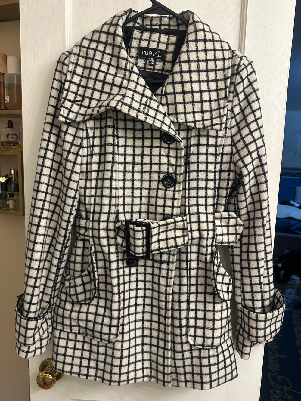 Women's Windowpane Belted Peacoat